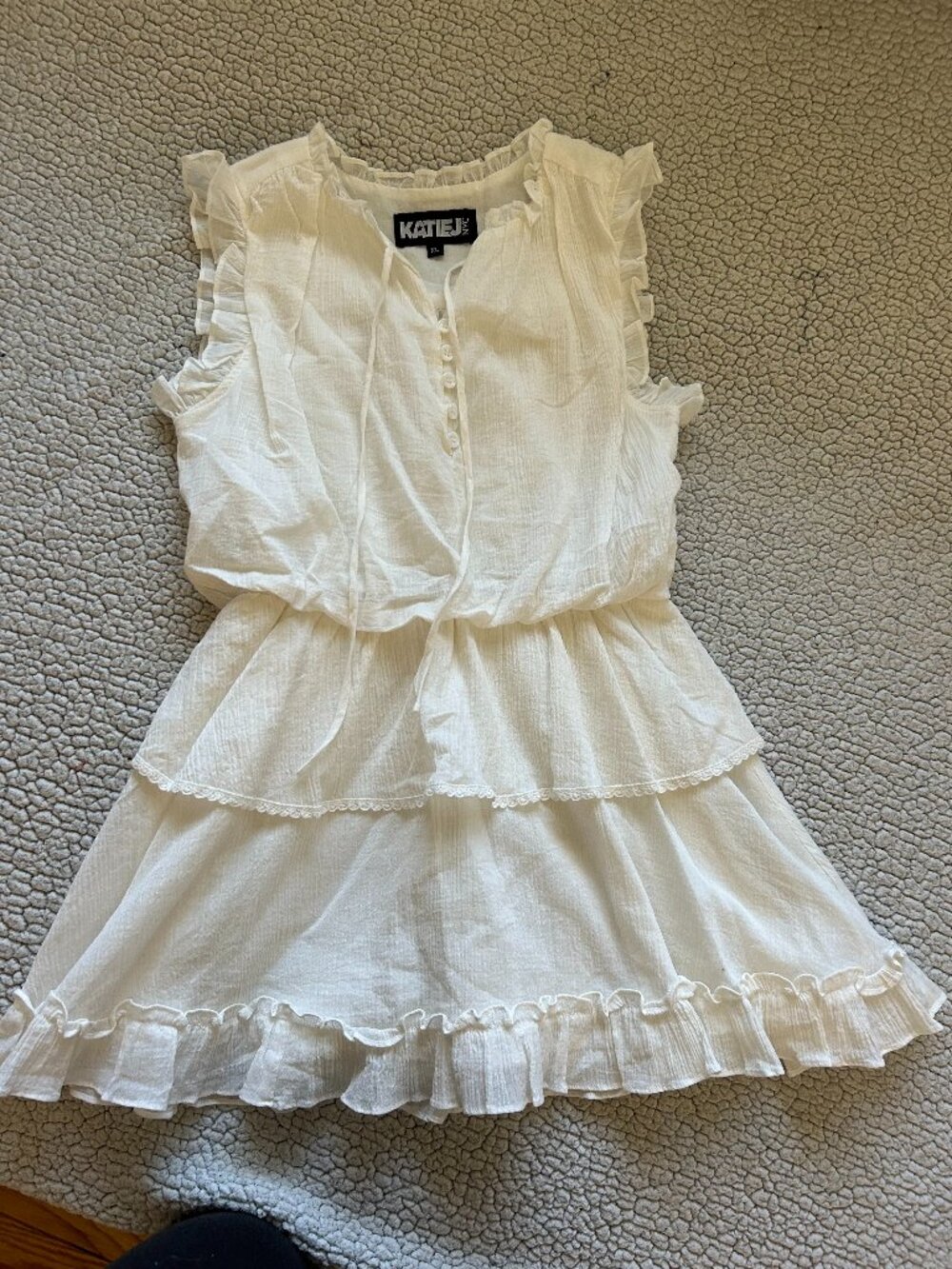 Katie J NYC - girls, white ruffle blouse, size XL, small hole under last button